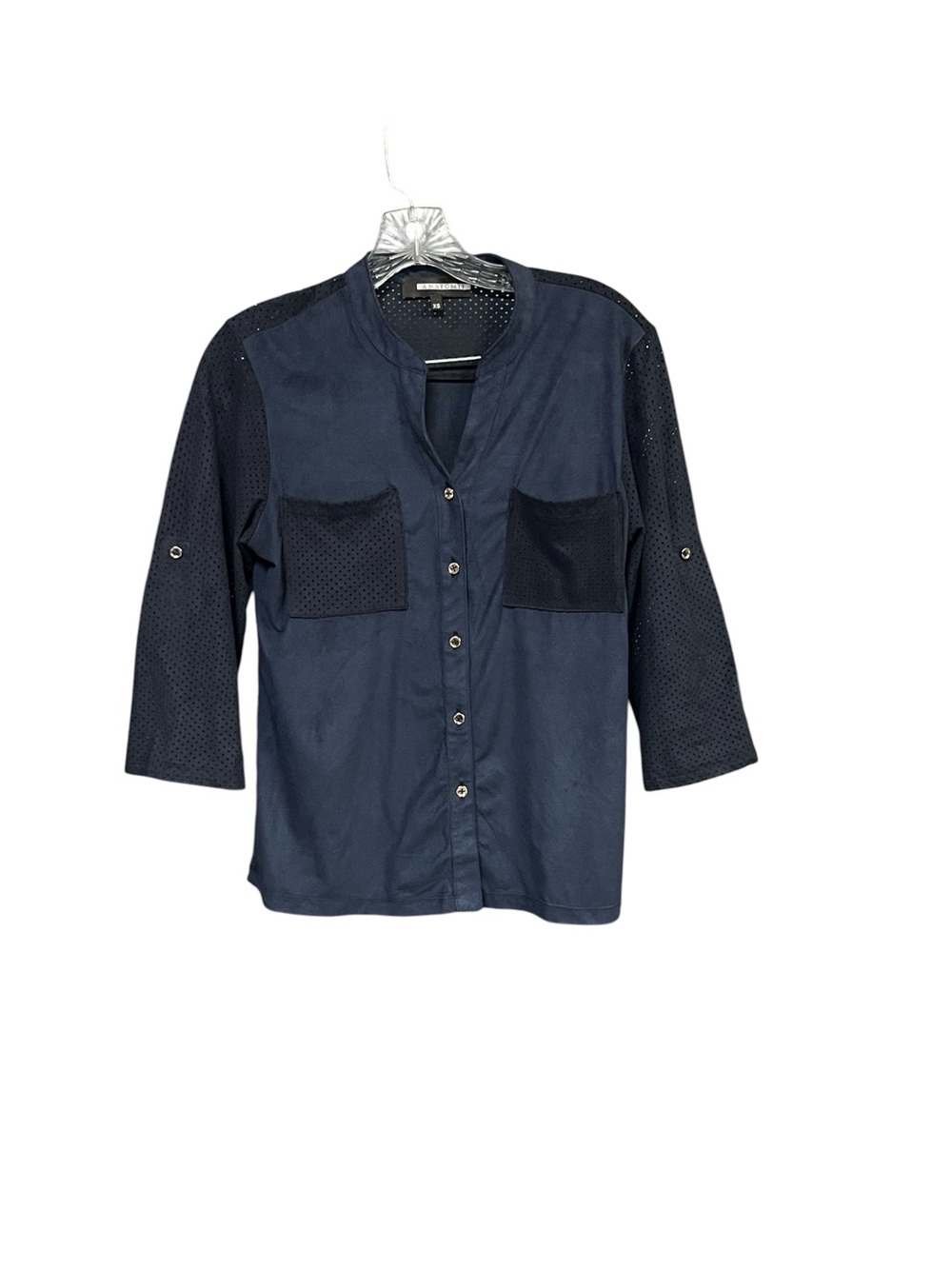 Anatomie Button Front Travel Blouse XS Navy Mesh Stretch 3/4 Sleeve Lightweight